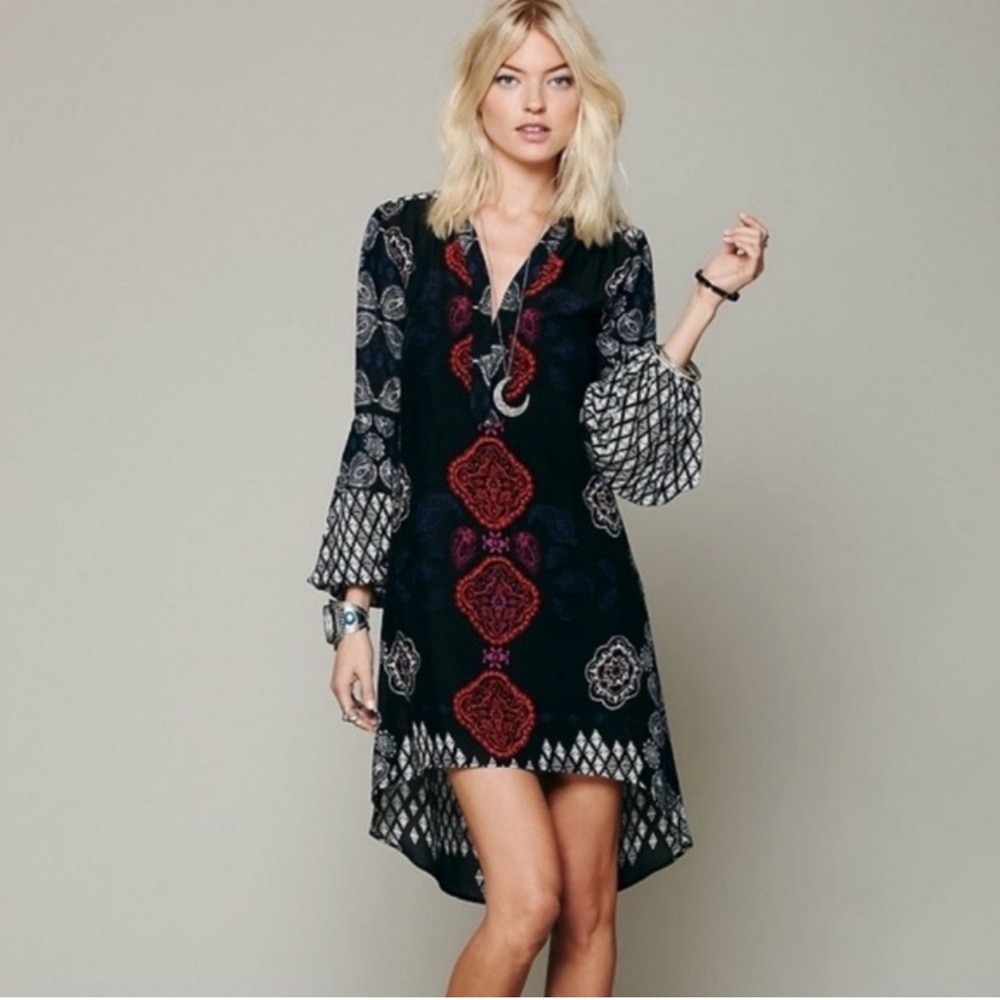 Free People Black Midi Dress with Red and Purple Medallion Print